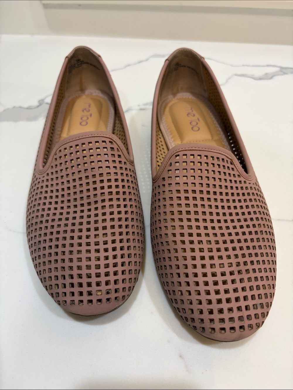 Me too pale pink open weave loafers